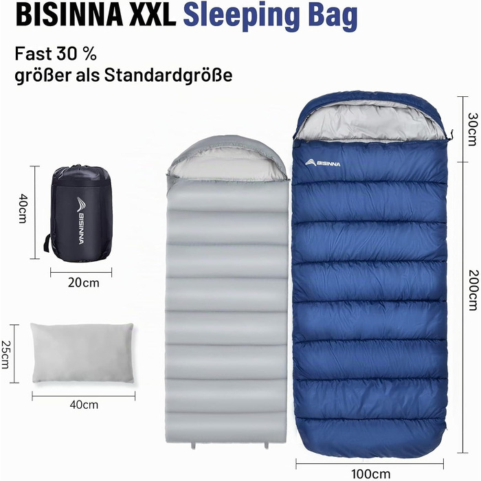 Зимовий спальний мішок BISINNA XXL для дорослих, теплий кемпінговий спальник на 3-4 сезони, поширена модель Plus Size (Синій, 1.5кг, застібка праворуч)