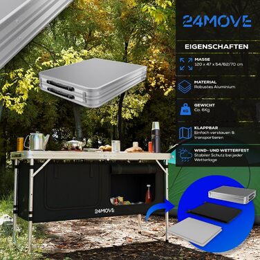 Складана туристична кухня 24MOVE® з регульованою висотою, з робочою поверхнею та відсіками для зберігання, чорна