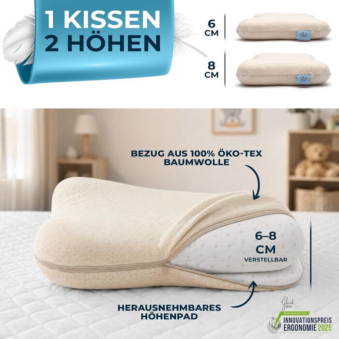 Ергономічна дитяча подушка Glückstoff з ефектом пам'яті (Memory Foam) для дітей від 2 до 12 років