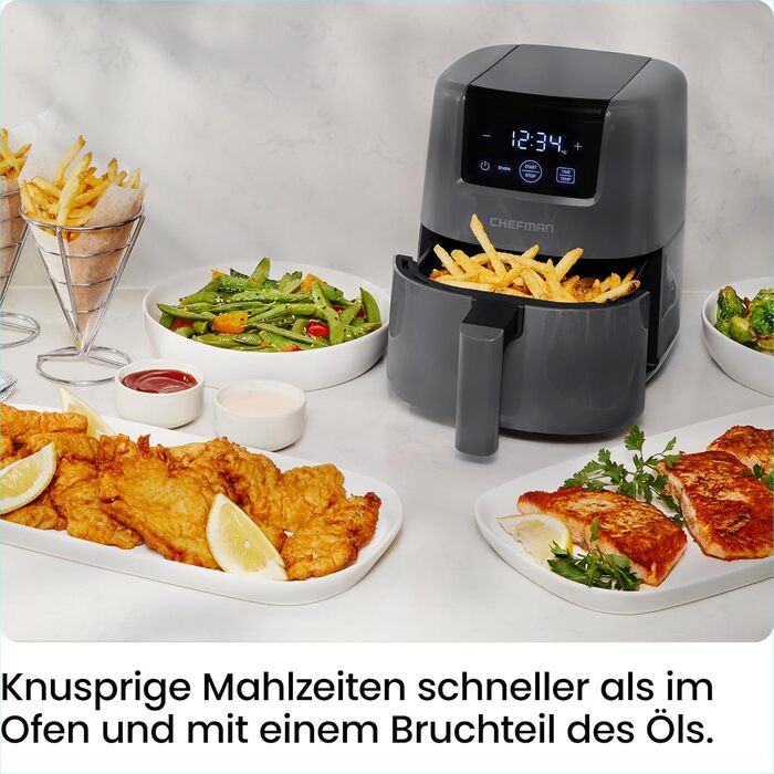 Фритюрниця Chefman 2L з гарячим повітрям - компактна, з антипригарним покриттям, для швидких та простих страв, з цифровим таймером та нагадуванням про струшування - сіра