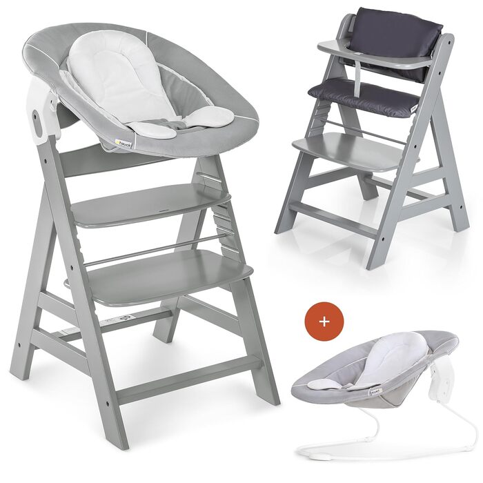 Дитячий стільчик Hauck Alpha+ Newborn Set з 2в1 гойдалкою - регульований дерев'яний стільчик для годування з народження, з подушкою та гойдалкою для новонароджених (Classic, Сірий)