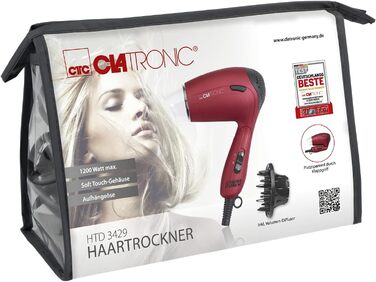 Компактний дорожній фен Clatronic HTD 3429 (1200Вт, 2 швидкості, з дифузором та сумкою, 110/230В) — Червоний