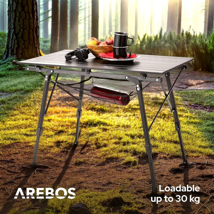 Складаний кемпінговий стіл Arebos 120 x 70 см, регульована висота 58-78 см, чорний, з сумкою для перенесення — для пікніка, саду та гриля