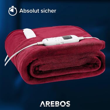 Електрична грілка-ковдра Arebos з плюшу 160 x 120 см з таймером, бордова