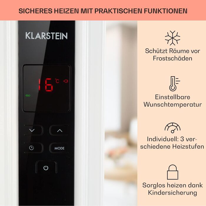 Електричний масляний радіатор Klarstein Thermaxx 2500 - опалення 2500 Вт, термостат 5-35°C, LED-дисплей, таймер, легкий, з роликами, білий/чорний