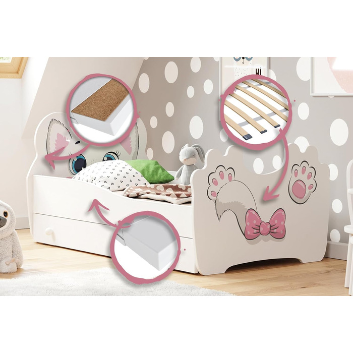 Дитяче ліжко Kids Collective 80x160 см з матрацом, шухлядою, дерев'яне, мотив кішка, європейське виробництво