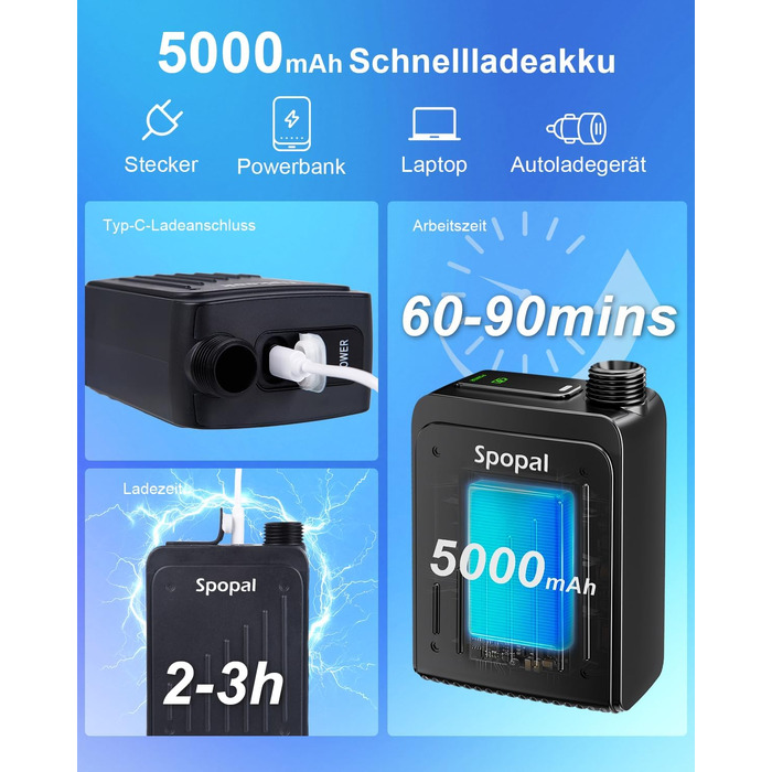 Портативний кемпінговий душ Spopal, водонепроникний IPX8, акумуляторний насос з індикатором рівня заряду та гачком, зарядка Type-C, для подорожей, пляжу, авто та миття тварин