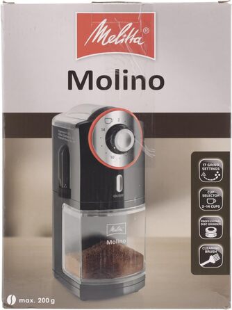 Електрична кавомолка Melitta Molino для 200 г кавових зерен, 17 режимів помолу, на 2–14 чашок, чорна/червона