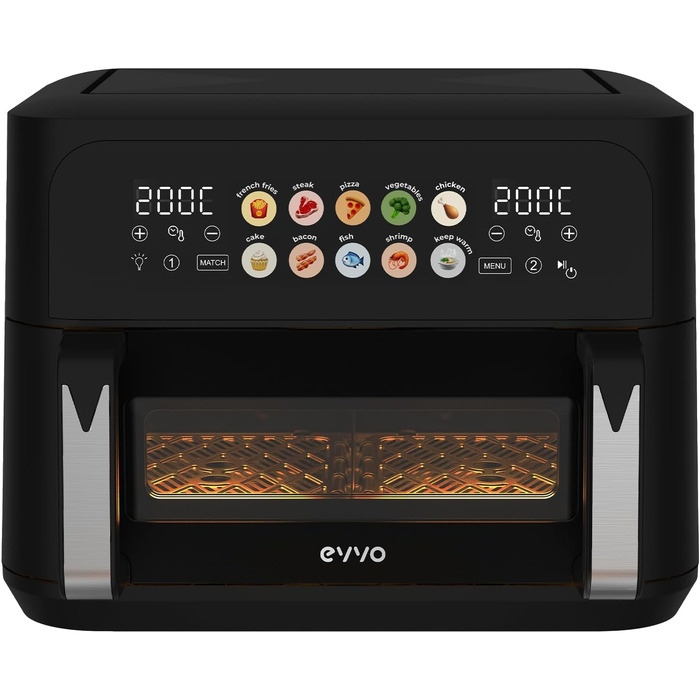 Аерофритюрниця EVVO з подвійним кошиком 8-10 л, 2800 Вт, без олії, Dual-Cyclone, 10 програм, антипригарне покриття, чорна