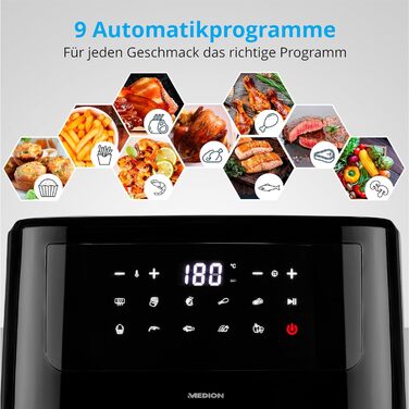 Аерофритюрниця MEDION P10 XL 6,8 л, 2150 Вт, 9 програм, нерж. сталь, сенсорне управління, LED дисплей