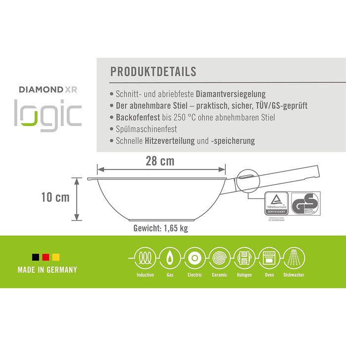 Сковорода-вок Woll Diamond Logic XR Pro 28 см, алюмінієва, антипригарна, знімна ручка, для всіх плит, індукція