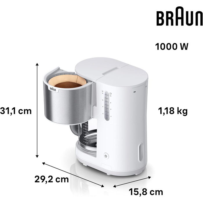 Кавоварка Braun PurShine KF 1500 WH фільтраційна, 10 чашок, скляний глечик, OptiBrew, авто вимкнення, 1000 Вт, біла