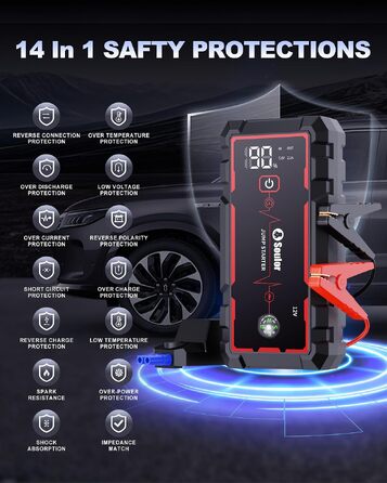 Бустер для автомобіля (Пусковий пристрій) 8000mAh, портативний акумулятор для запуску двигунів до 7.0L бензин та 5.0L дизель, 12V з ліхтариком (3 режими) та пусковими кабелями