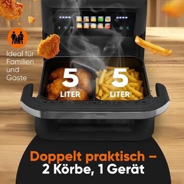 Аерофритюрниця ProfiCook PC FR 1313 H XXL з двома камерами, 10 л, 2400 Вт, сенсорний дисплей, 10 програм, чорна