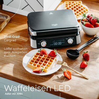 Професійна вафельниця ADLER EUROPE для бельгійських вафель з LCD-дисплеєм, 2400 Вт, 5 програм та 7 рівнів просмаження, глибокі пластини 12x13x2 см