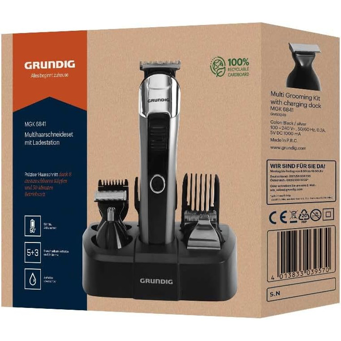 Машинка для стрижки волосся GRUNDIG MGK 6841 з базою для зарядки, 8 насадок, багатофункціональний тример