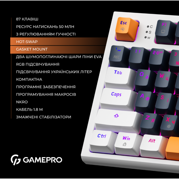 Дротова механічна клавіатура GamePro MK180W (Red) з Hot-Swap RGB White