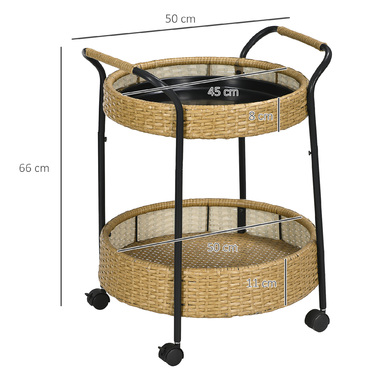 Візок для сервірування Outsunny, Φ50 x 66 см, Ротанговий візок з 2 полицями, Садовий візок, Круглі кухонні візки з ручками, Візок для бару на відкритому повітрі, Natural
