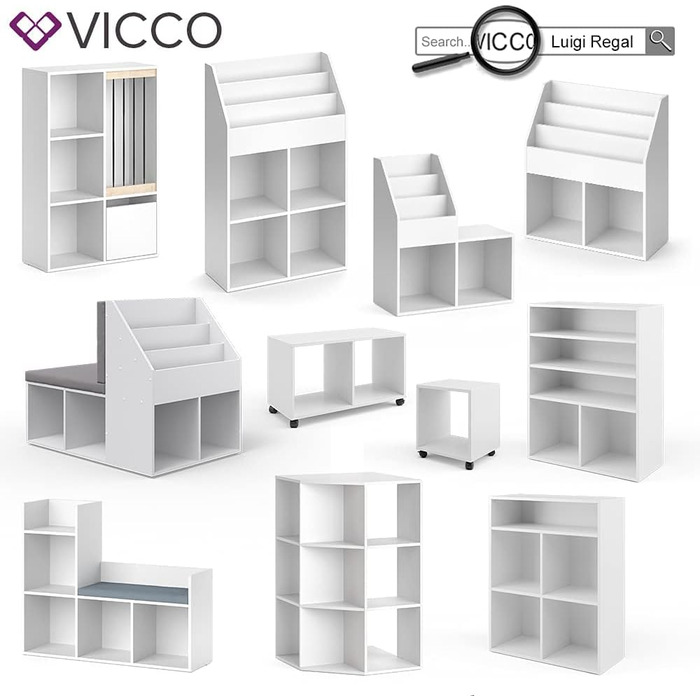 Дитяча полиця Vicco Luigi біла 72x107,8 см з 2 складними коробками, опція 5, 72x96 см з коробками Слон/Тигр
