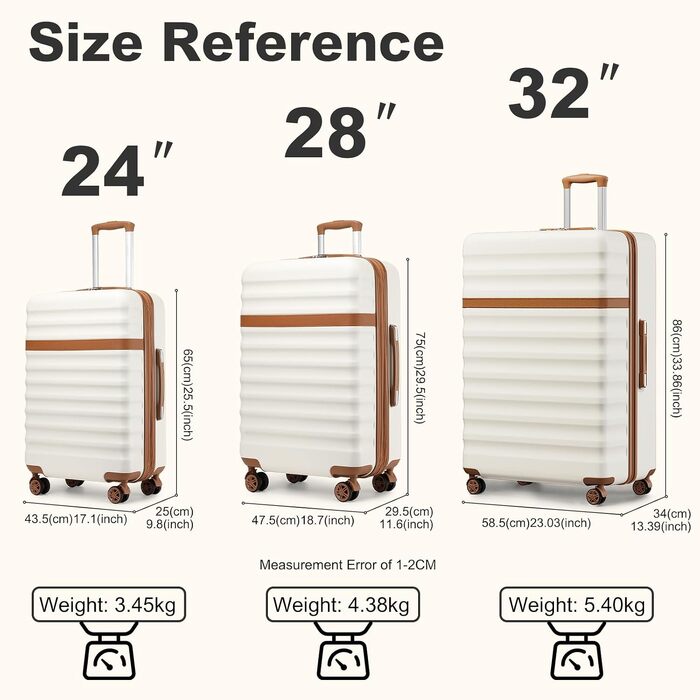 Валіза KONO XXL (86 см) розширена, легка, з жорстким корпусом та TSA-замком, колір Крем/Коричневий