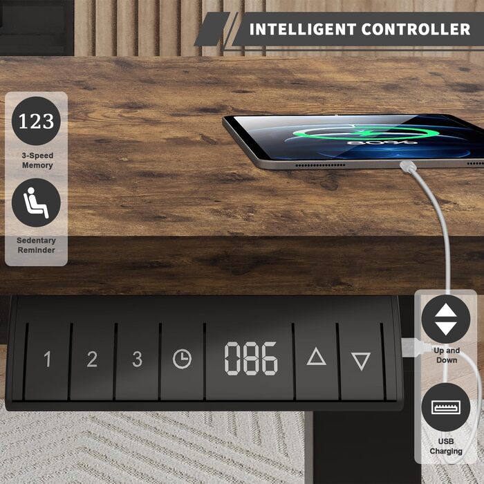 Електричний стіл JUMMICO з регулюванням висоти 160x80 см з кабельним лотком, USB, вінтажний коричневий