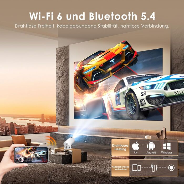 Смарт-проектор Salange Mini Beamer 2026, Android 14, 4K підтримка, WiFi 6, Bluetooth 5.4, автокоррекция трапеції, портативний домашній кінотеатр для дому та вулиці, поворот на 270°, білий