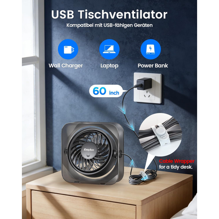 Вентилятор USB EasyAcc міні, настільний з обертанням 360°, 3 швидкості, чорний