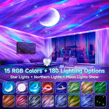 Проектор зоряного неба COOLNIGHT: лампа-нічник Aurora Galaxy з 180 режимами світла, білим шумом та Bluetooth, для дітей та дорослих, білий