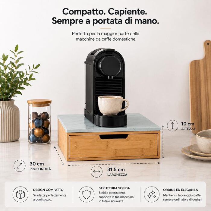 Тримач для кавових капсул BAKAJI з шухлядою з бамбукового дерева для Nespresso, Dolce Gusto, Modomio, Lavazza, чайних пакетів та цукру, білий (31,5 x 30 x 10 см)