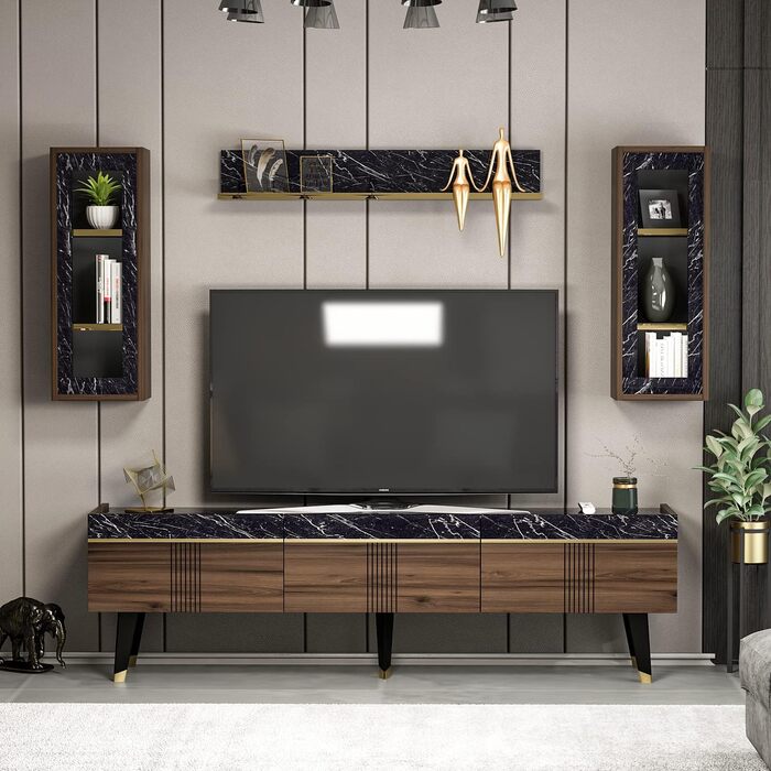 Гірка для вітальні Homidea KARYA, ТВ-тумба, меблі під телевізор з 3 дверцятами, сучасний дизайн, горіх/мармур
