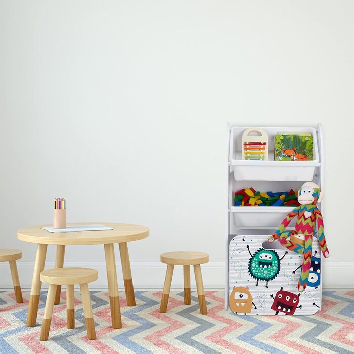 Дитячий стелаж Relaxdays з 3 коробками на роликах, монстр, білий, 80,5x42,5x30 см, іграшковий органайзер