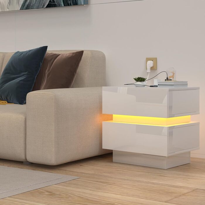 Нічний столик з розеткою та LED-підсвіткою, з USB-зарядкою та 2 шухлядами (45x35x46 см, білий)