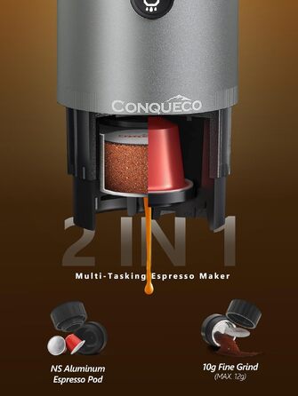 CONQUECO Кавомашина еспресо 12V для авто, кемпінгу та подорожей: портативна акумуляторна кавоварка для меленої кави та Nespresso-капсул