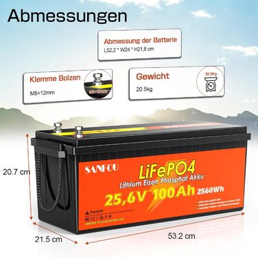 LiFePO4 акумулятор 12V 200Ah (2560Wh) з BMS 100A, літієва батарея Deep Cycle для кемпінгу та будинків на колесах, підтримка 4S4P