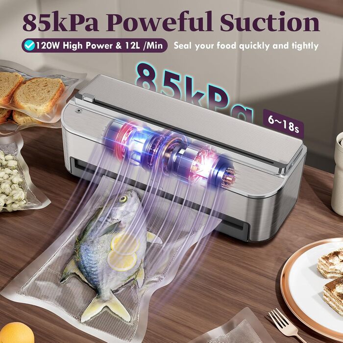 Вакууматор Mesliese 85kPa 120W для продуктів, автоматична машина для вакуумної упаковки з вбудованим різаком та відсіком для пакетів, сріблястий (2 рулони в комплекті)