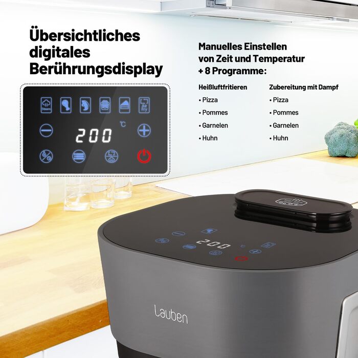 Аерофритюрниця Lauben Glass&Steam 4500BG зі скляним кошиком та функцією пари, 8 програм, 4.5л
