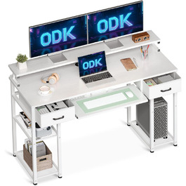 Стіл для комп'ютера ODK білий з шухлядами, знімною полицею, підставкою для монітора та висувною полицею для клавіатури, 120x48x90 см, ігровий та офісний