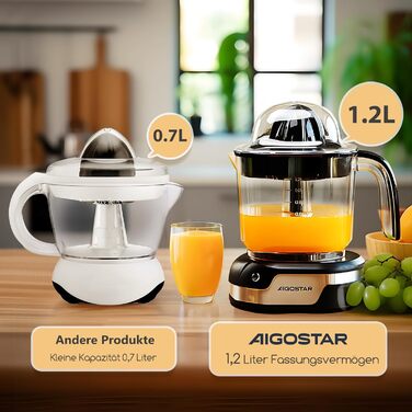 Aigostar Juicy електрична цитрусова соковижималка 1,2 л з LED-підсвіткою, 2 конуси, для апельсинів, лимонів, лаймів, грейпфрутів, 40 Вт, підходить для посудомийної машини