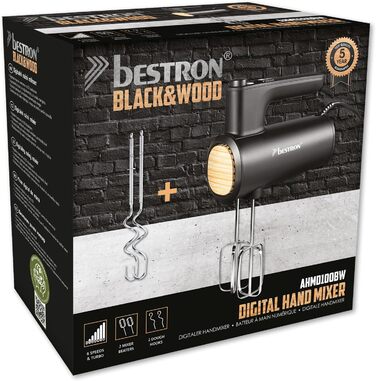Міксер ручний Bestron Power з 6 швидкостями, Turbo-функцією та LCD-дисплеєм. В комплекті: 2 вінчики та 2 гачки для тіста. Вага: 1 кг, колір: чорний/дерево