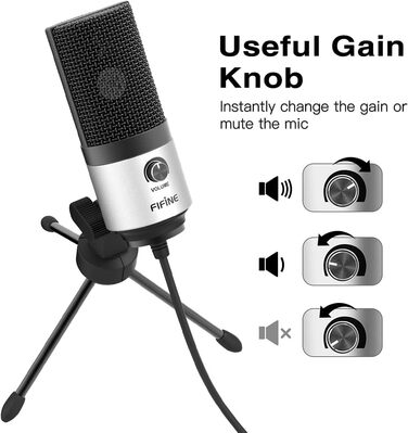 Мікрофон FIFINE USB для ПК, Mac, PS4/PS5, студійний конденсаторний мікрофон для подкастів зі стійкою, сріблястий