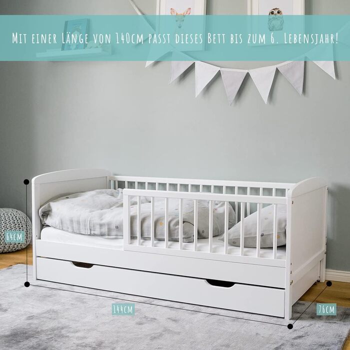 Дитяче ліжко Kids Collective 70x140 см з матрацом, висувною шухлядою, рейковим дном і бортиком безпеки, біле, з ящиком для білизни, виготовлене в Європі, для дітей до 6 років