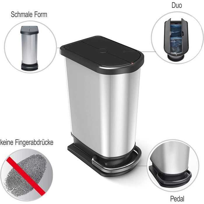 Смітник Rotho Paso Duo 50 л для сортування сміття з кришкою та педаллю, пластик BPA-free, сріблястий металік, на 2 пакети