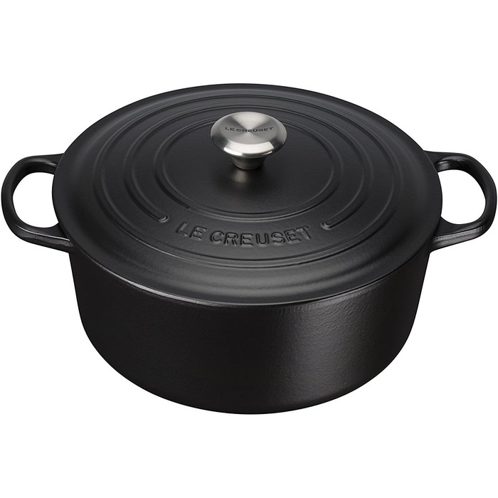 Чавунний круглий жаровник Le Creuset Signature 20 см, чорний + силіконовий круглий прихват Le Creuset, чорний