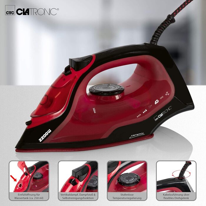 Парова праска Clatronic DB 3752, 250 мл, 3 режими пари, 7 функцій, червона