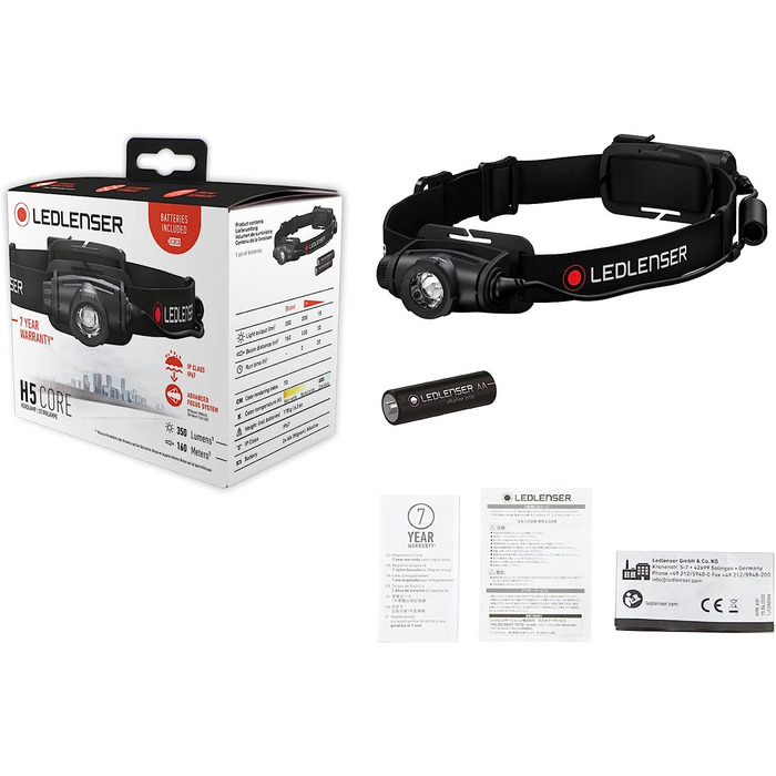 Налобний ліхтар Ledlenser H5 Core, 350 люмен, IP67, фокусування, на батарейках AA, дальність 160 м