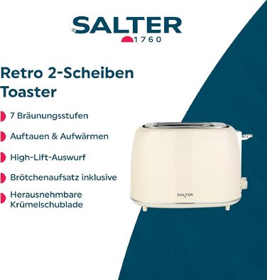 Тостер Salter Retro Creme на 2 тости - 7 режимів підсмажування, розморожування, підігрів, зупинка, підйом тостів, знімний піддон для крихт, автоматичне центрування, тримач для булочок, захист від застрягання, 930 Вт
