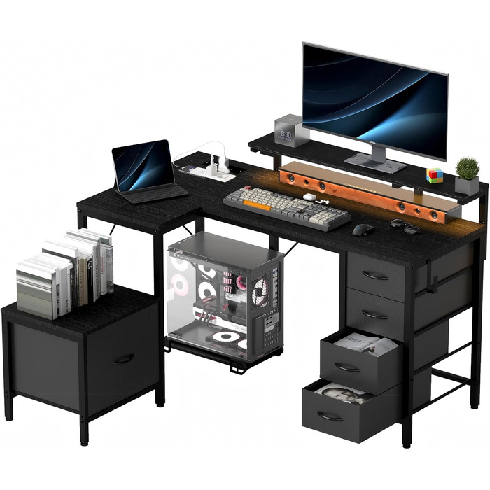 Кутовий стіл Devoko з розетками та USB, 160x120 см, 5 висувних ящиків, підставка під монітор, LED-підсвітка для дому та геймінгу, чорний