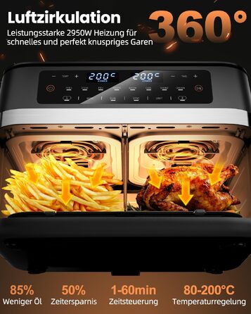 Аерофритюрниця WELLENT 12L Dual Zone XXL - двокамерна фритюрниця з гарячим повітрям 2950W (6+6Л), з вікном перегляду, функціями Match & Sync та нагадуванням про струшування, придатна для посудомийки