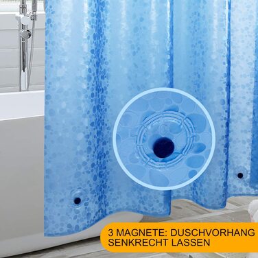Душова завіса WELTRXE EVA 183x200 см, антибактеріальна, водонепроникна, з магнітним обтяжувачем, антигрибкова, 3D синій камінь, з кільцями, для ванної та душу