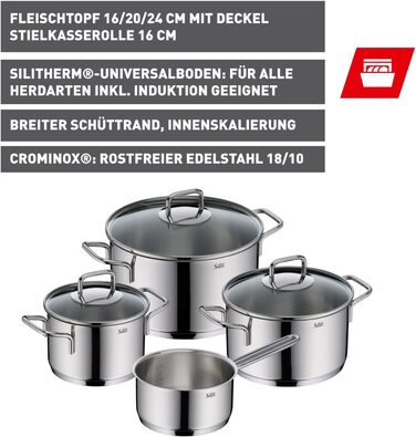 Набір кухонного посуду Silit Extra Cook 4-елементний: каструлі 16/20/24 см з кришкою, ковшик 16 см, внутрішня мірка, широке вушко, придатний для миття в посудомийній машині, з нержавіючої сталі Crominox